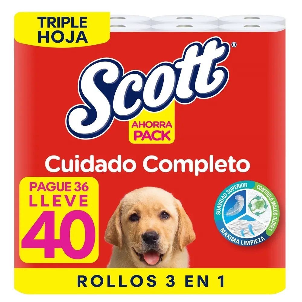 Papel Higiénico Scott Cuidado Completo Triple Hoja – 40 Rollos