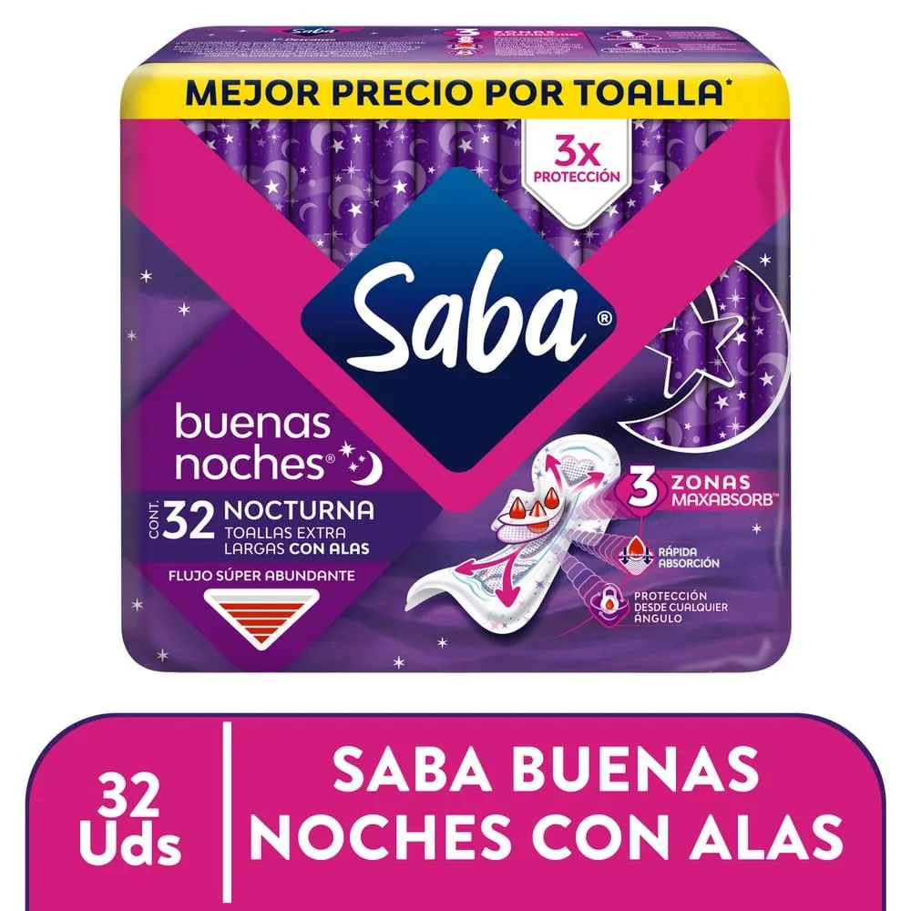 Toallas Femeninas Saba Buenas Noches Flujo Súper Abundante Con Alas – 32 Uds